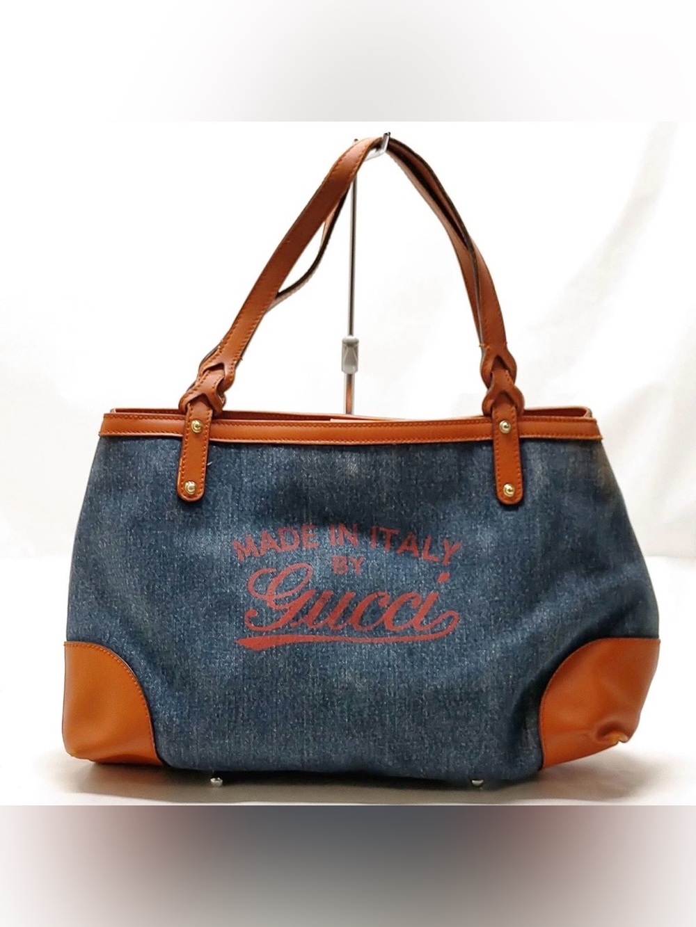 Gucci Blue Craft Denim Tote Bag Orange Leather Pony-style calfskin Cloth